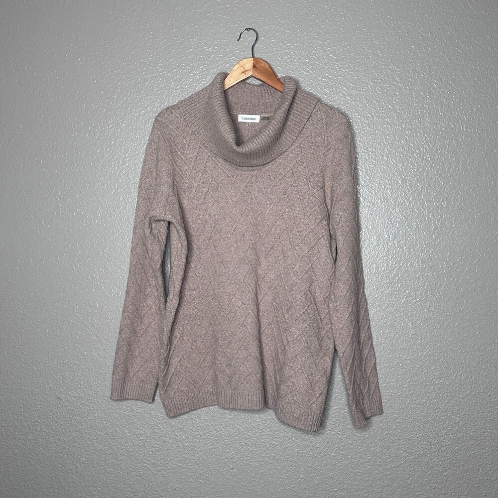 CALVIN KLEIN WOMENS CABLE KNIT TAN COWL NECK SWEATER LARGE